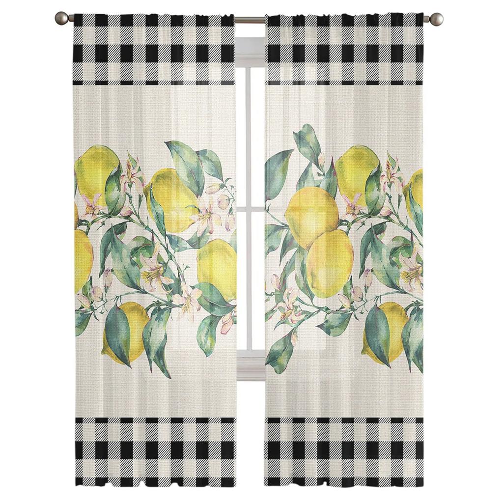 Idyllic Summer Fresh Lemon Plaid Sheer Window Curtains For Living Room Kitchen Children Bedroom Voile Hanging Curtain