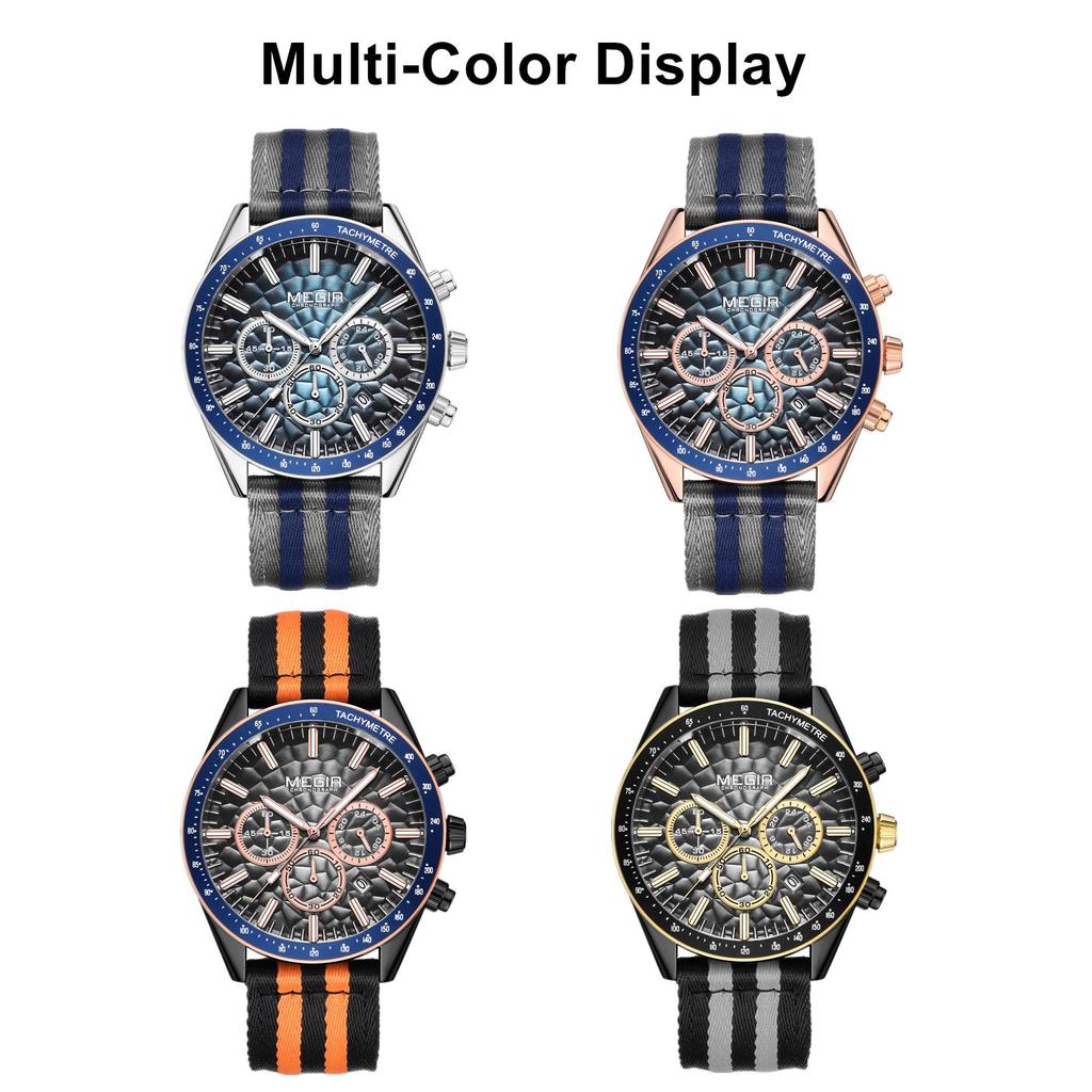 MEGIR Men's Sport Chronograph Watch, Outdoor Casual Quartz Wristwatch, 3ATM Water Resistance, Striped Canvas Band, Date Display