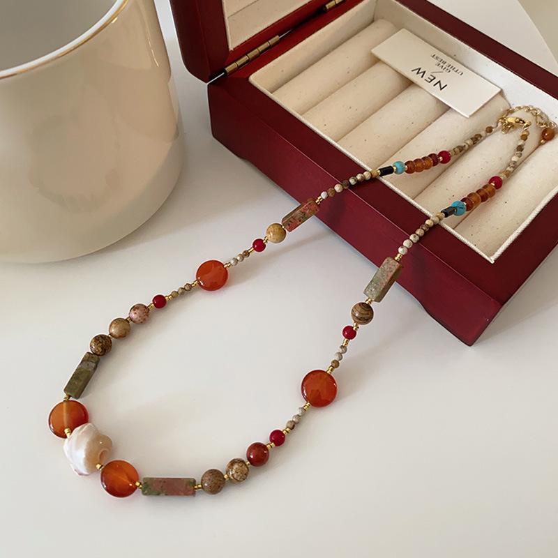 Tiger'S Eye Beaded Halskjede Maillard Oval Premium Genserkjede Titanium Stål Vintage Coffee Naturstein Clavicle Chain