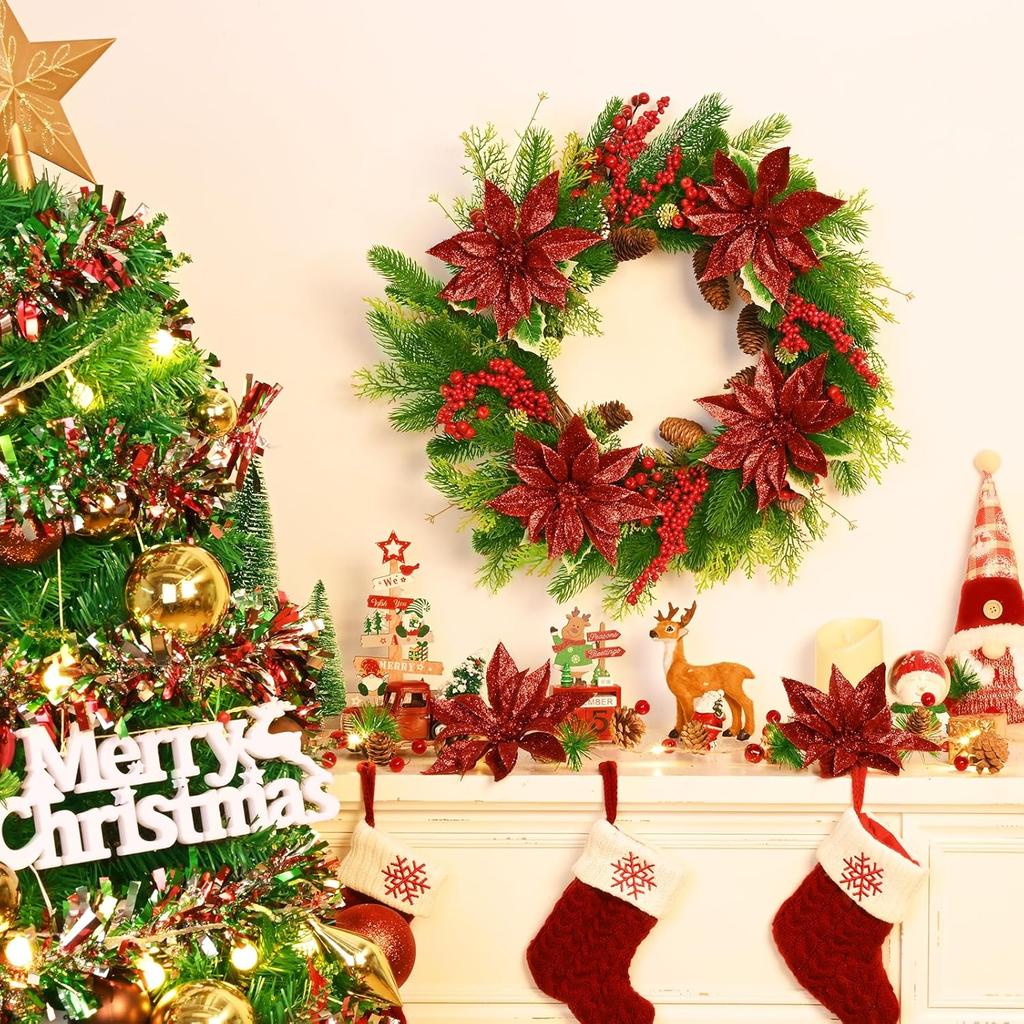 50/5PCS Christmas Artificial Flowers Xmas Tree Wreath Ornaments Glitter Fake Flower Wedding New Year Party Decoration Gifts