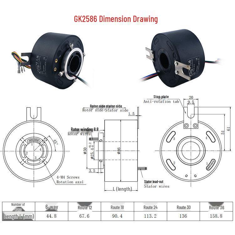6-12 Circuit High-Speed Conductive Slip Ring, 360-Degree Rotary, 10A, Through-Bore Design