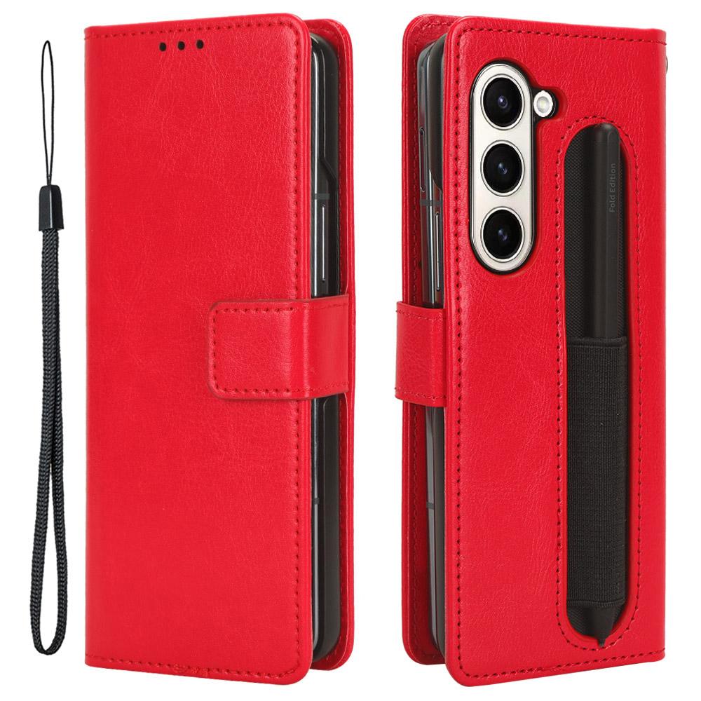 

Чехол для телефона Samsung Galaxy Z Fold5 5G Кожаный кошелек Текстура Crazy Horse Чехол-подставка со слотом для стилуса Red