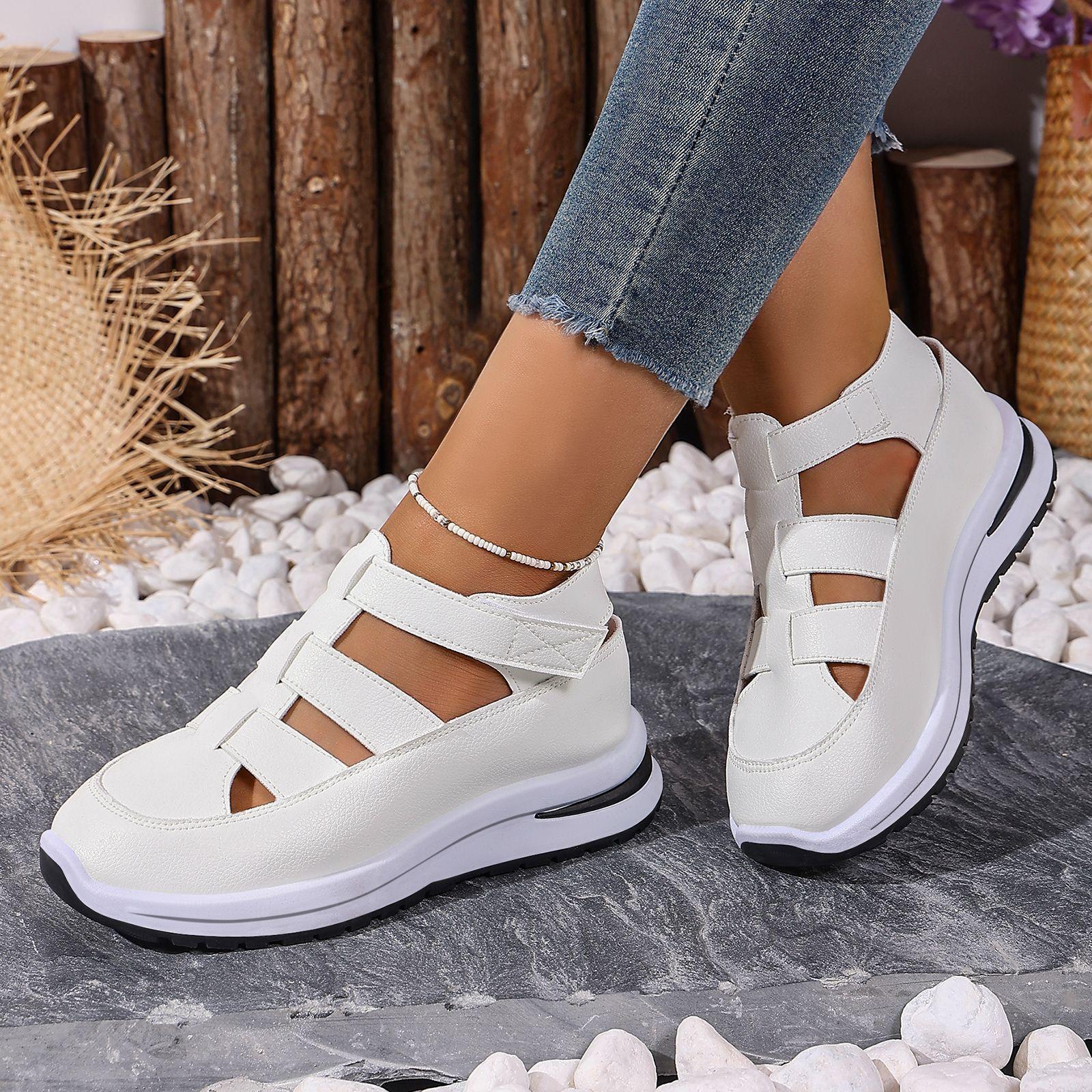 Women Hollow Out Roman Style Leather Sandals Inner Height Wedge Thick Sole Breathable Casual Shoes 36