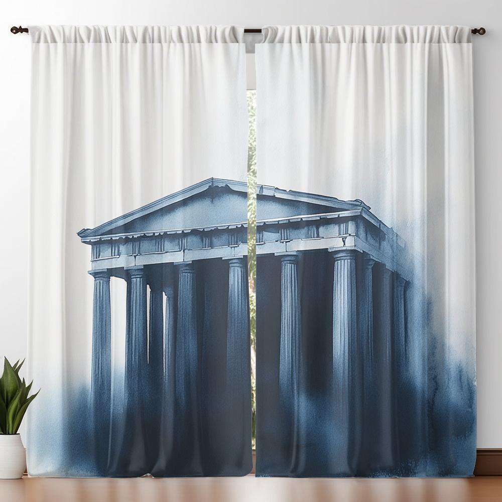 Greek Temple Curtains Set of 2 Rod Pocket Semi Sheer White Navy for Living Room Bedroom Decor