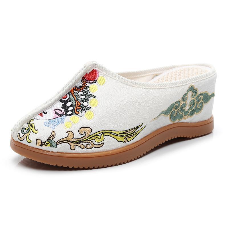 Casual High Heel Embroidered Slippers Woman Chinese Style Theatrical Face Oxford Flat Women's Shoes Home Slippers Wedge Shoes