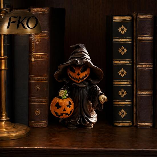 Small Halloween Pumpkin Decor Witch Statue with Pumpkin, Cute in Pointed Hat & Black Robe, Resin Gothic 3D Carving Decoration Tabletop for Desk