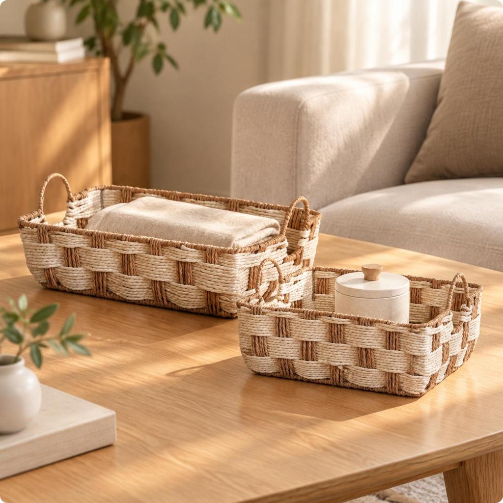 2 Pieces Paper Rope Woven Storage Basket Textured for Cosmetic Organization