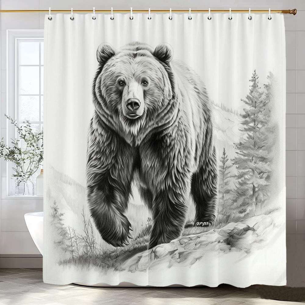 1 Piece Black Line Forest and Bear Shower Curtain, Bathroom Decorative Shower Curtain, Waterproof Shower Curtain with Hooks