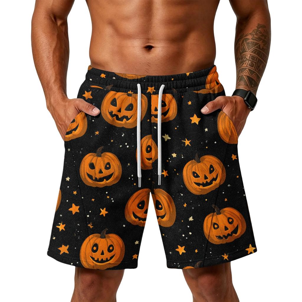Men's Loose Fit Layer Shorts with Pockets Halloween Themed Print Drawstring Waist Comfortable Casual Shorts