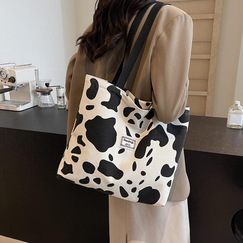 Fashion Large Capacity Cow Print Corduroy Tote Bag for Women Reusable Cute Commuter Shoulder Bag with Zipper, Foldable Shopping Bag