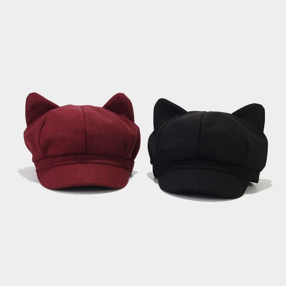Cute Cat Ears British Beret Hat Solid Color Unisex Octagonal Cap Fashion Cat Ear Hat  for Women