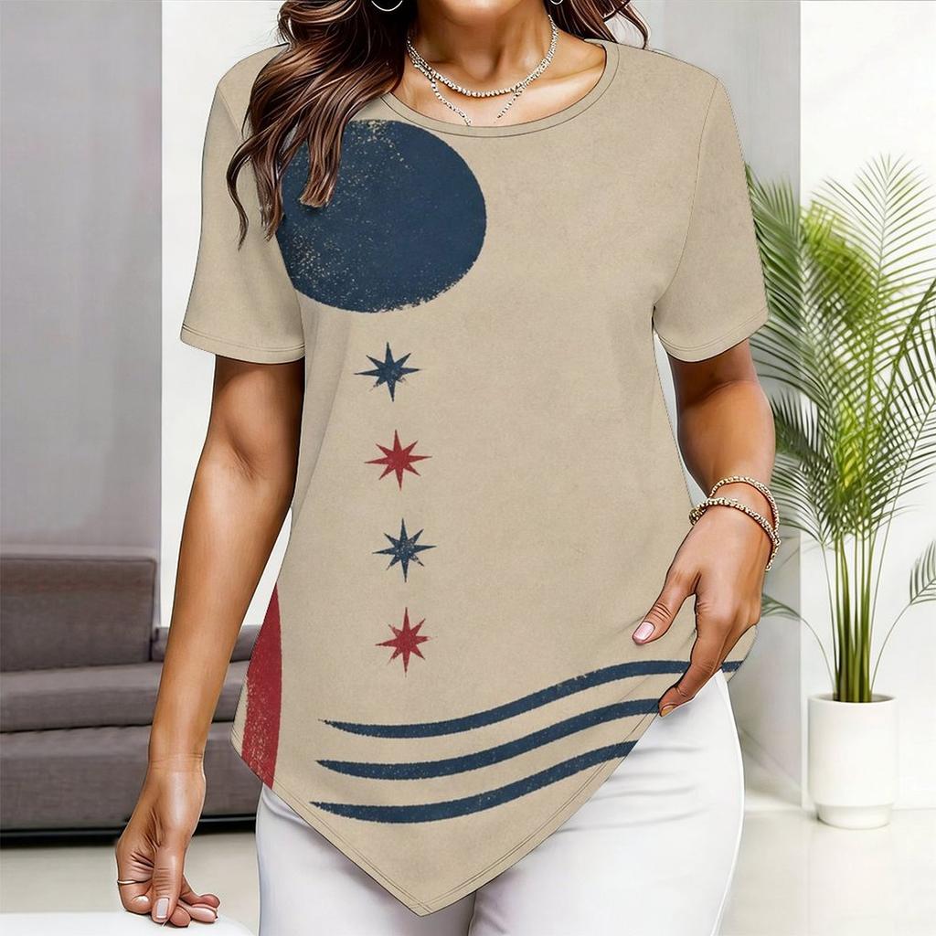Women Plus Size Short Sleeve Asymmetric Hem Top Pink Crystal Heart Gem Glitter Print Blouse