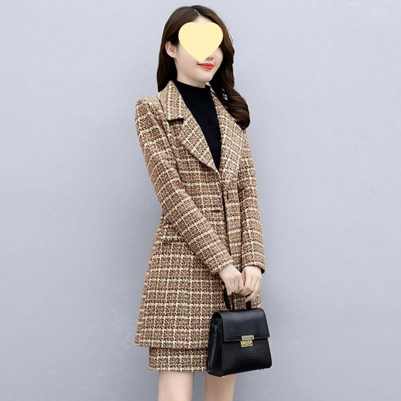 Koreanischer Stil Damen Wollmantel & Kleid Set: Herbst/Winter Karierter Zweiteiler Mode 2025
