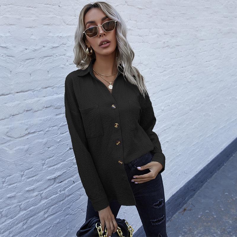 Fashionable and Casual Temperament Women's Long Sleeve Solid Color Lapel Mid-Length Vintage Shirt