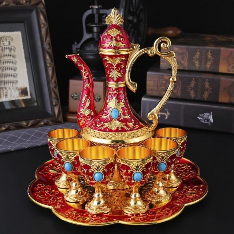 European Wine Set, Alloy Home Wine Pot Wine Glass Set, Exquisite Vintage Wine Glass, Wine Pot Home Living Room Decoration, 1Set