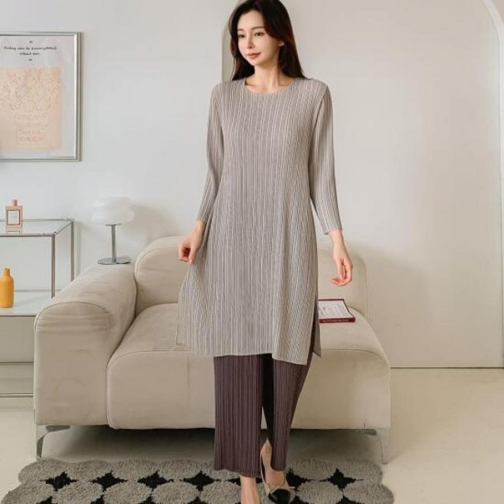 New Arrivals Open Run Dress 3 4 Sleeve Pleated Long Tee Side Slit