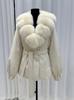 Autumn and Winter New Oversized Real Fox Fur Collar White Duck Down Jacket Medium and Long Waist Lace-up Thickened Warm Jacket