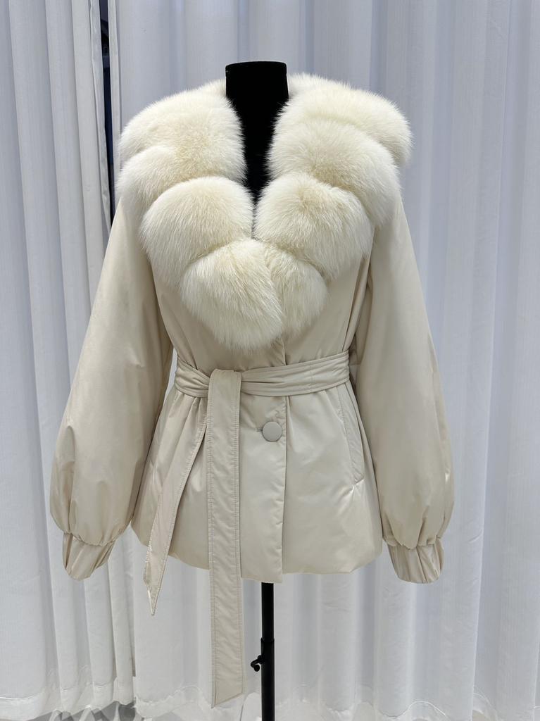 Autumn and Winter New Oversized Real Fox Fur Collar White Duck Down Jacket Medium and Long Waist Lace-up Thickened Warm Jacket