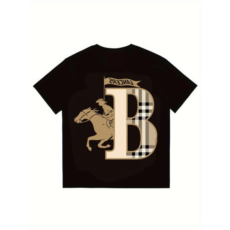 

Black T Shirt With Lancers Plaid B Horse Rider Print For Casual Wear XXXXL