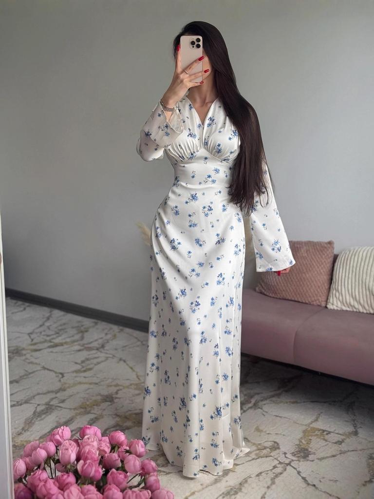 2025 Spring High-End French V-Neck Satin Print Swing Dress