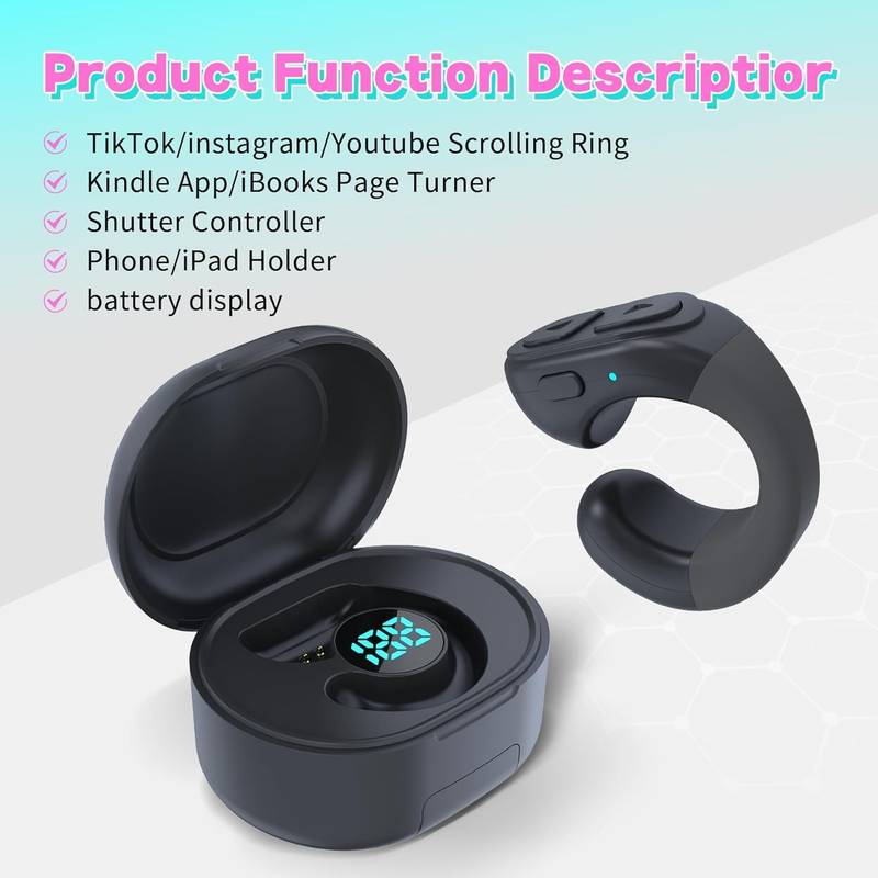 Tiktok BT Smart Scrolling Ring Remote Page Turner with Cell Phone Stands Wireless Camera Shutter Selfie Button - for iPhone iPad Android (Black)