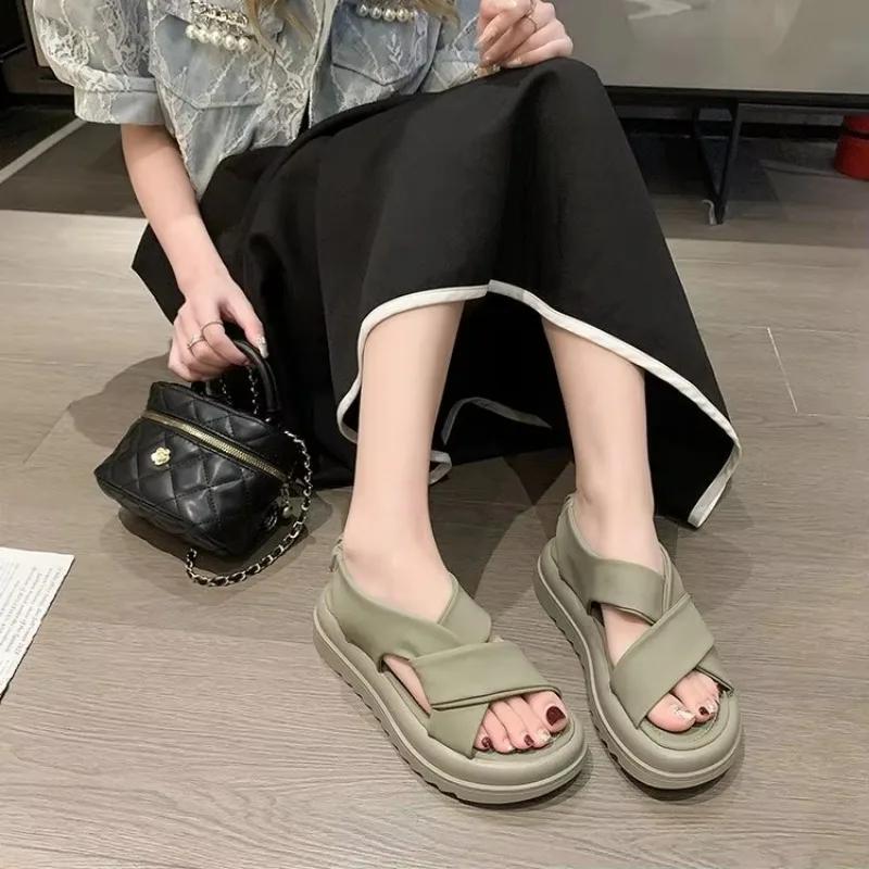 Fashion Women's Sandals Casual 2025 Summer Straight Buckle Open Toe Rubber Sole PU Solid Beach Fashion Sandals Women Sandalias Mujer