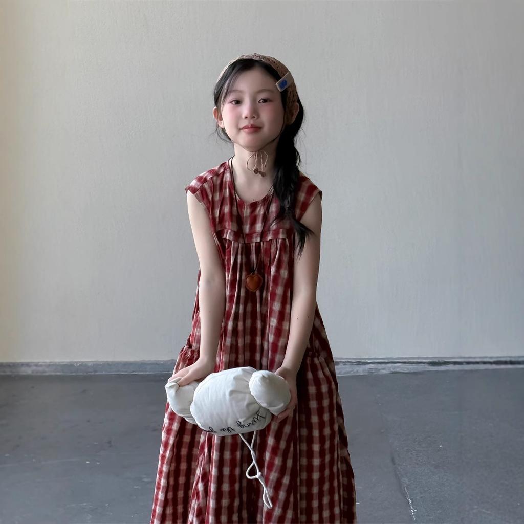 Girls' Plaid Dress Summer Korean Children's Cotton Dress Mid Length Long Skirt