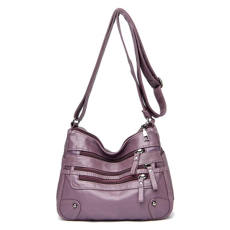 Solid Color Multi Zipper Bag Vintage Soft Leather Shoulder Bag  Casual Crossbody Purse For Work