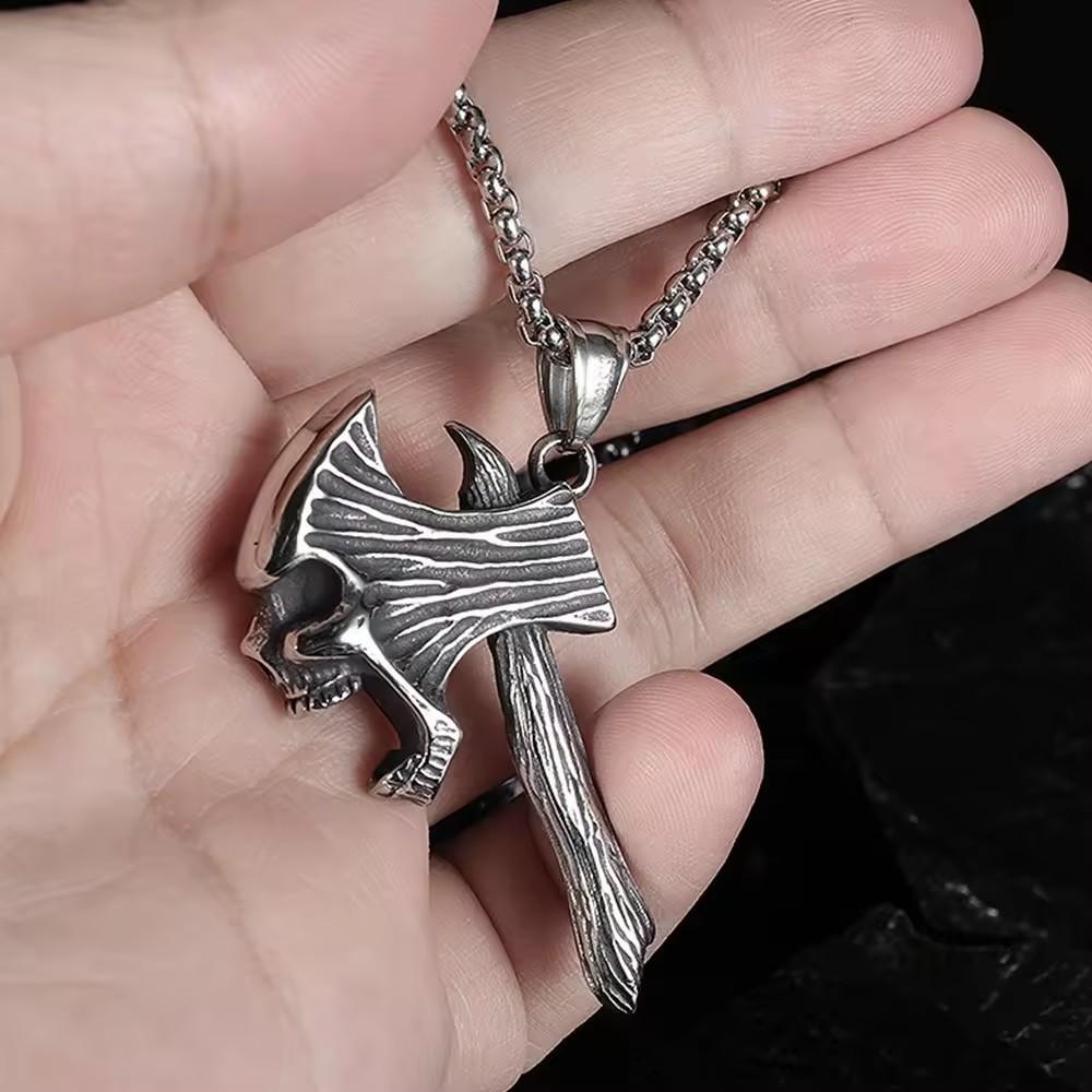 R Hip-hop Retro Titanium Steel Necklace Ghost Head Ax Necklace Titanium Steel Pendant Tomahawk