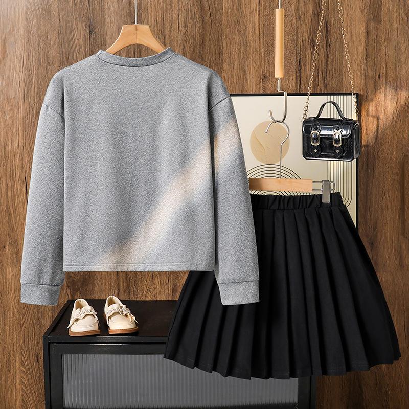 Set Casual pentru Fete, Toamnă Modă Copii Top Floral cu Mâneci Lungi, Fustă Plisată