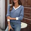 Women's Casual And Fashionable V-neck Contrast Color Long-sleeved Top