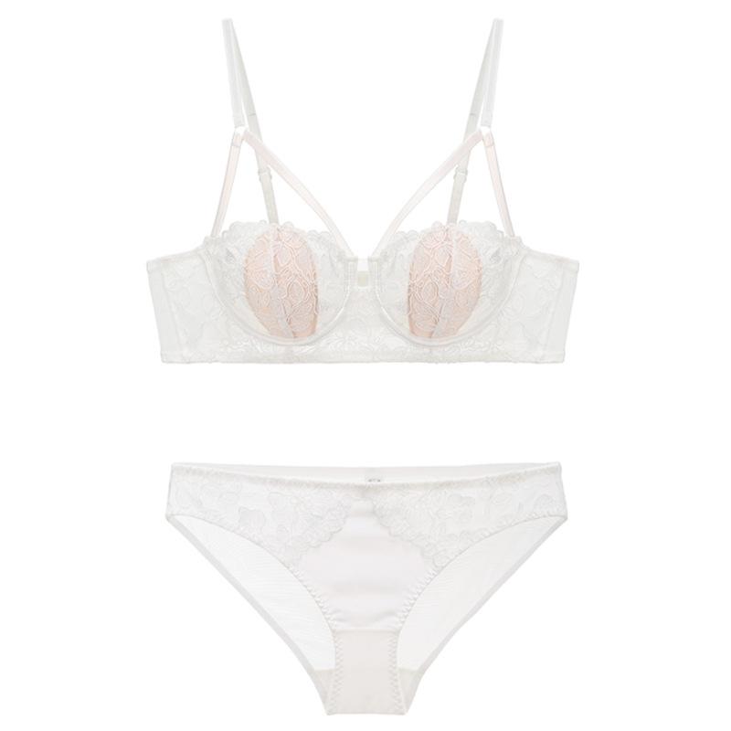 Nuovo set di biancheria intima da donna Set reggiseno push up con cava in pizzo sexy Fiori di lavanda ricamo francese 1/2 tazza sottile reggiseno e mutandine