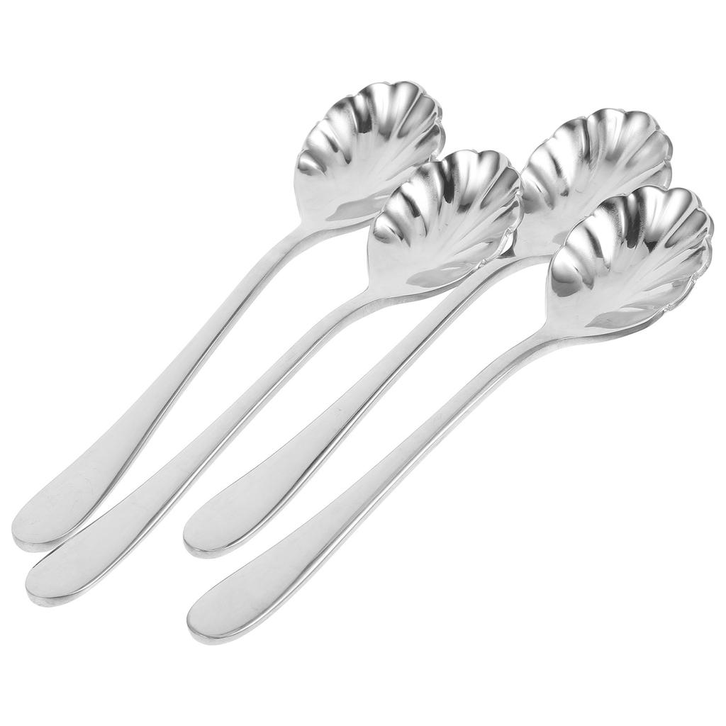 4Pcs Elegant Stainless Steel Shell Spoon Mirror Finish Thickened Handle Easy Grip Dessert Tea Ice Cream Coffee Spoon for Kitchen
