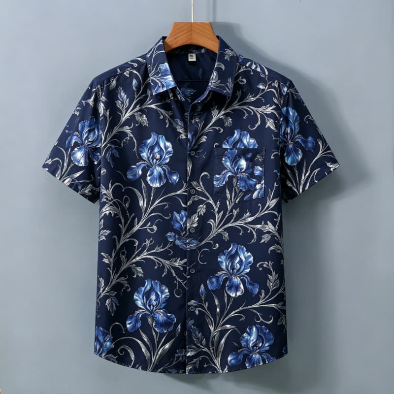 Pánská retro košile s krátkým rukávem a květinovým potiskem a kapsami, Elegantní retro styl, Pro dojíždění, Lehké dovolené, Rande