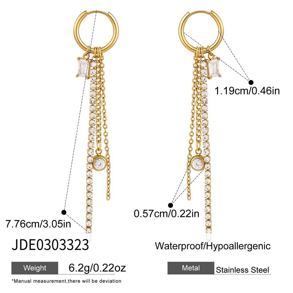 White Square Zirconia Rhinestone Chain Dangle Tassel Earrings for Women 18K Gold Plated Stainless Steel Jewelry for Fashion
