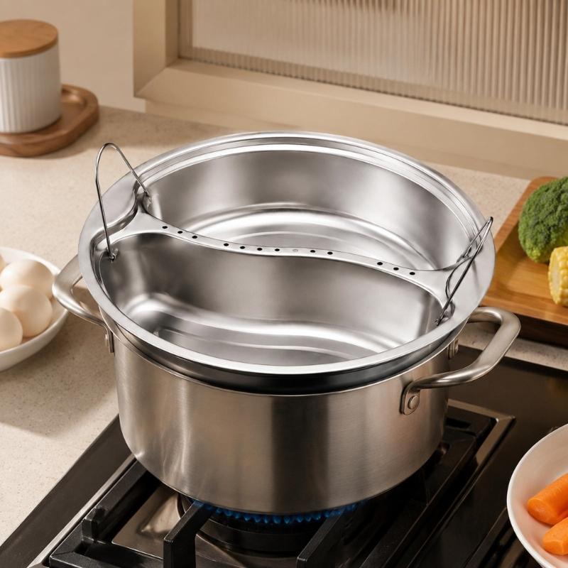 Sectioned Steam Tray Round Metal Insert with Wire Grip Handles for Soup Pot Service and Daily Family Table Tasks