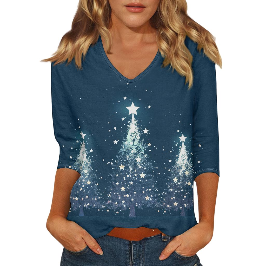 Women's Casual Fashionable Sexy Comfortable V-Neck Christmas Three-Quarter Sleeve Top