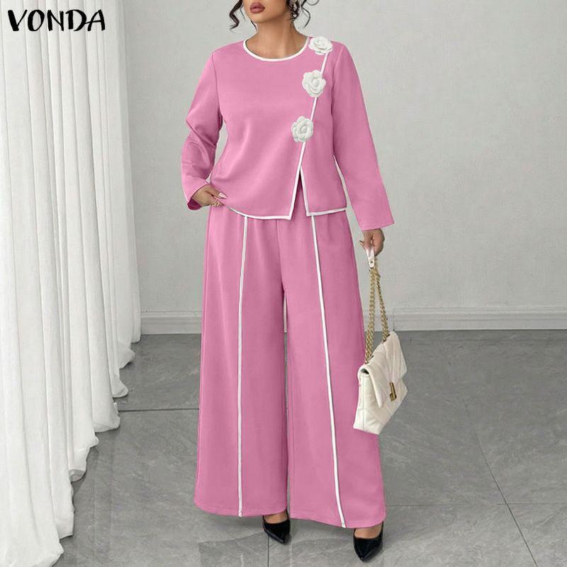 VONDA Two Piece Suit Women Retro Long Sleeve Splicing Blouse and Pants Casual Office Sets