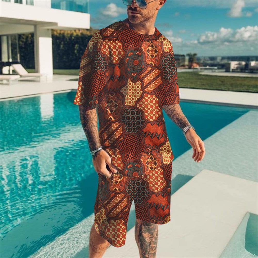 Vintage Wave Print T-shirt Set Summer Men's Beach Breathable Short Sleeve 2 Piece Set Men's Fashion Tops Set Men's Clothing