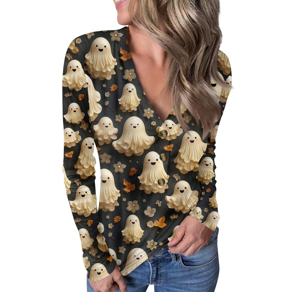 Women's Casual V-Neck Pullover Halloween Print Button Top