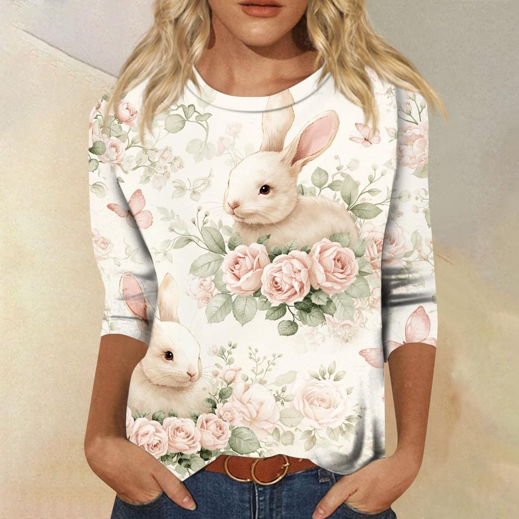 Women's Fashion Casual Sleeve Easter Elements Print Round Neck Top