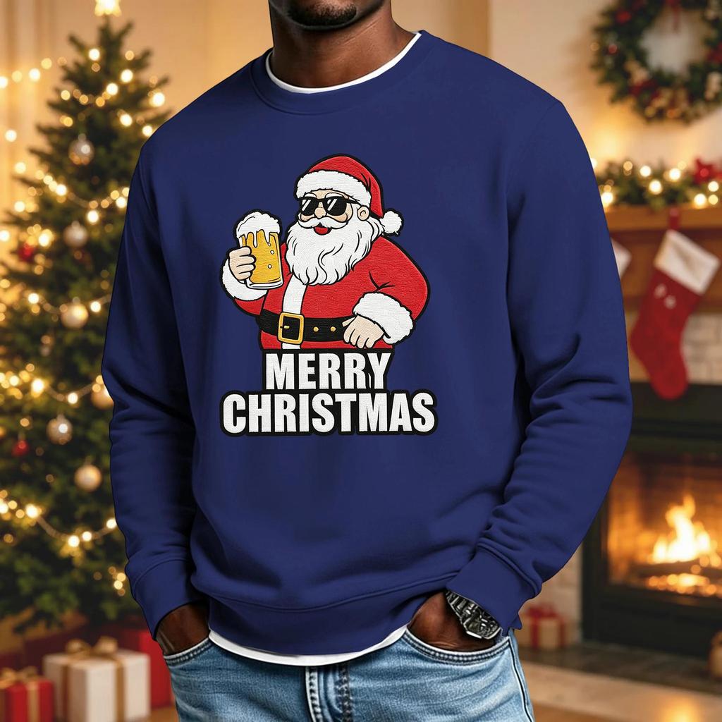 Men's Casual Long Sleeve Crewneck Top with Christmas Print for Holiday Celebrations