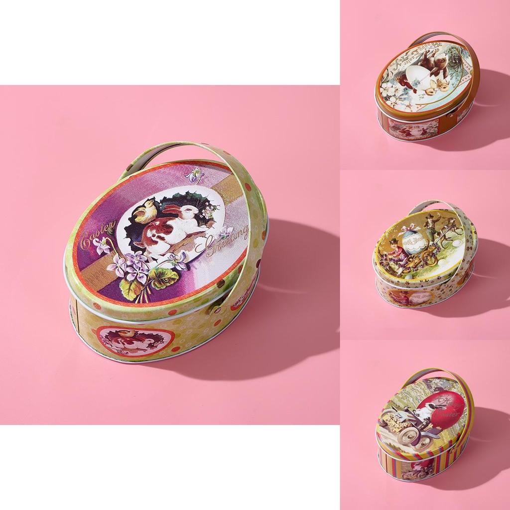 Oval Whimsical Easter Handheld Iron Box With Cheerful Rabbit And Egg Pattern Ideal For Childrens Gifts