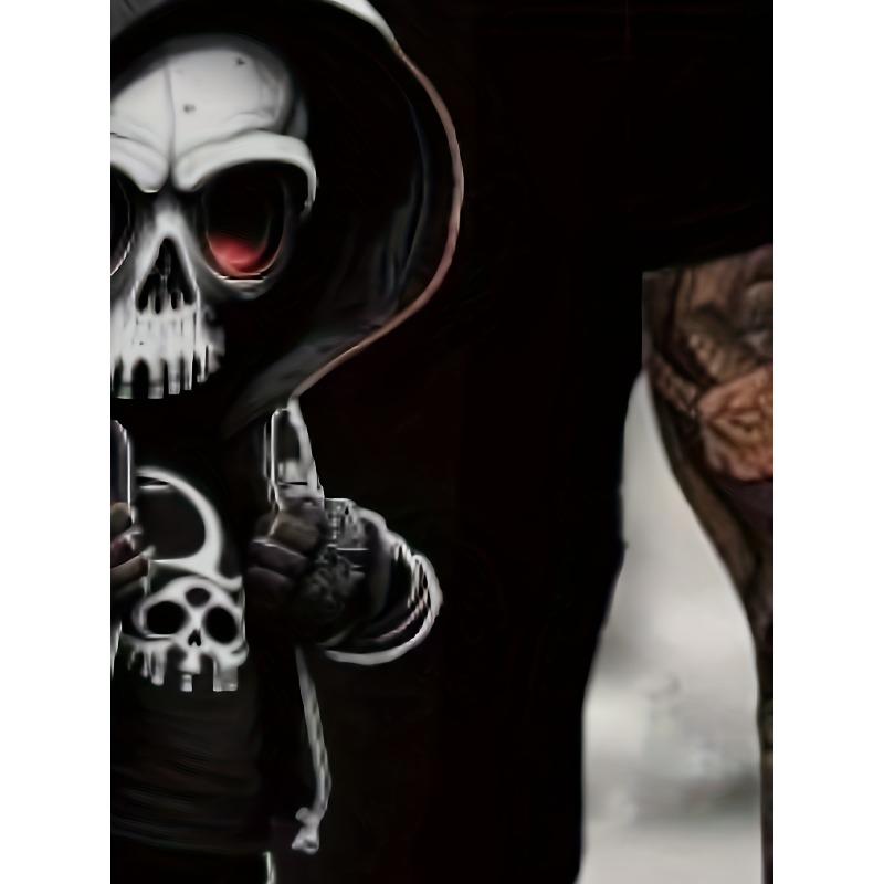European Sizes Men's 3D Printed Cute Skull Graphic T-Shirt - Polyester Casual Short Sleeve Tee with Hooded Character Design