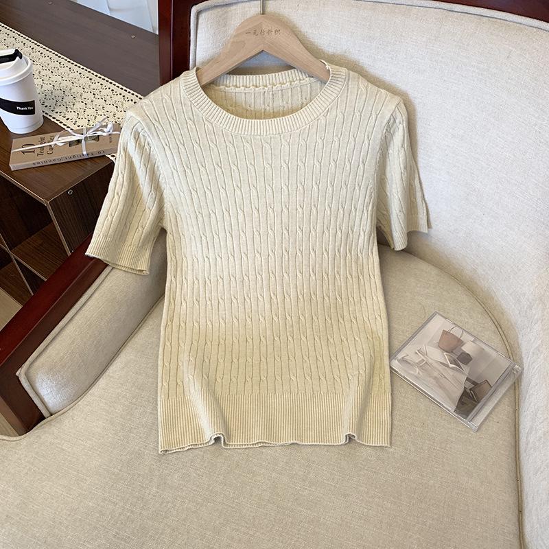 

Летний корейский облегающий топ из кабельной вязки из тенселя с коротким рукавом для женщин Medium абрикосовый