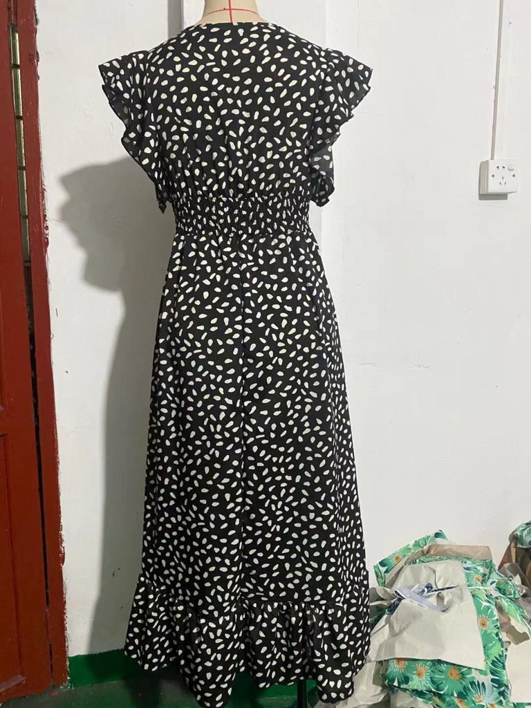 Rochie elegantă cu imprimeu decolteu în V, talie înaltă, fustă lungă cu margine cu volane, rochie elegantă pentru femei, fără mâneci, rochie casuală