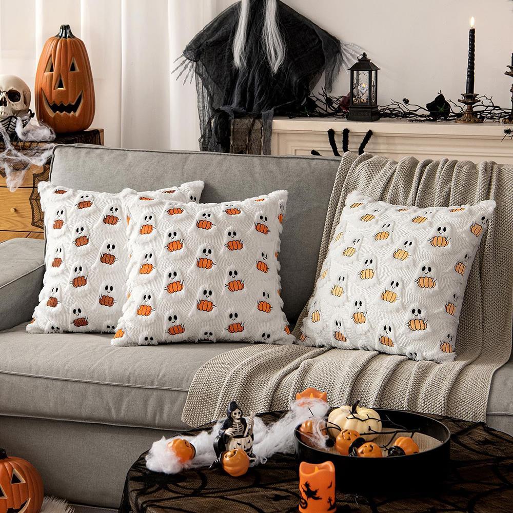 Ghost Pumpkin Plush Faux Fur Pillow Covers Soft Halloween Decor For Sofa Couch Bed Living Room White Orange Pillowcases 11x11CM