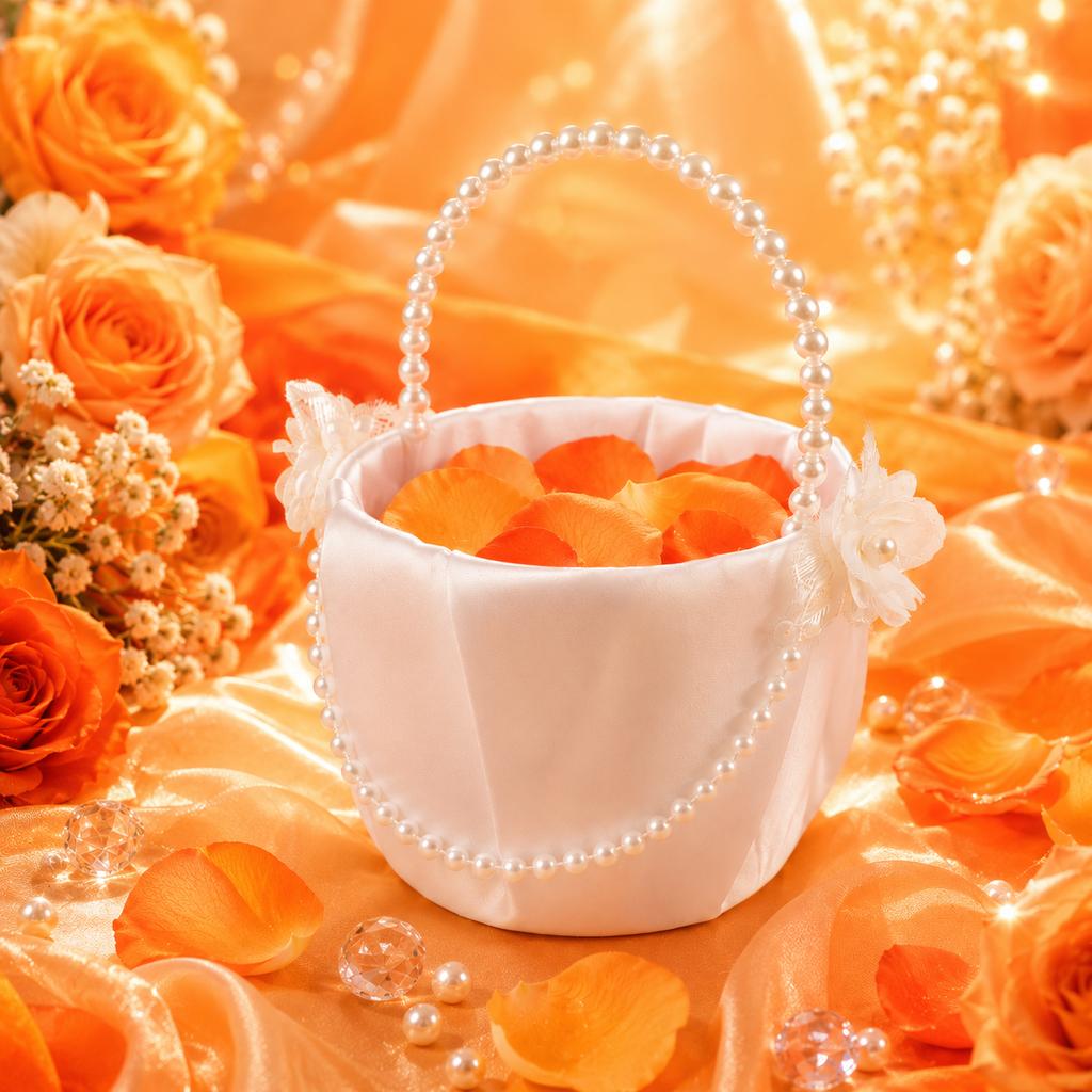 Elegant Pearl Decor Flower Girl Basket with Satin Body for Classic White Wedding Ceremony, Bridal Photo Shoot Petal Holder