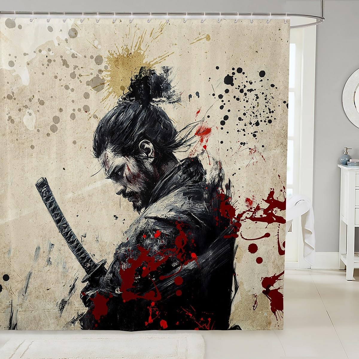 

Kids Japanese Style Shower Curtain Smoky Mountain Bath Curtain Boys Girls Ink Painting Bathroom Accessories Red And Black W60H190(CM)-1 Pcs