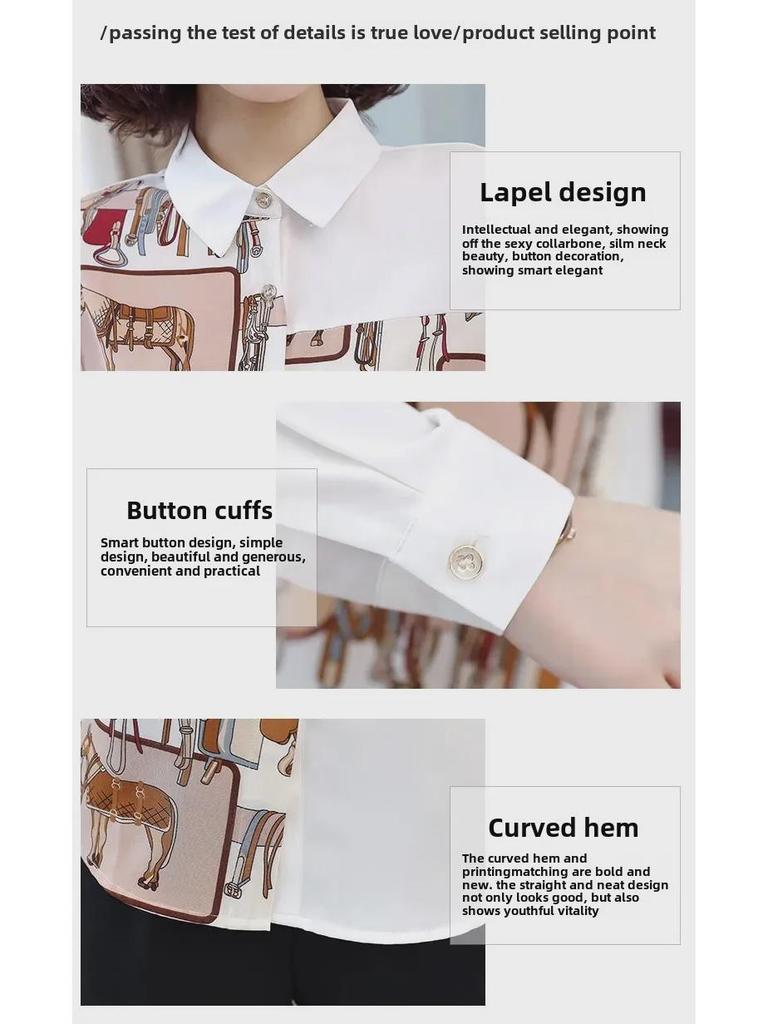 Sonbahar ve İlkbahar için Kadın Retro Çiçekli Şifon Uzun Kollu Gömlek